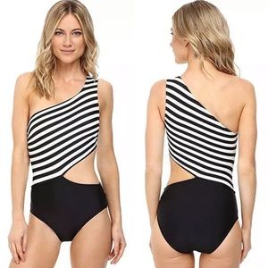 Michael MK Stable Striped Cutout One Shoulder swim